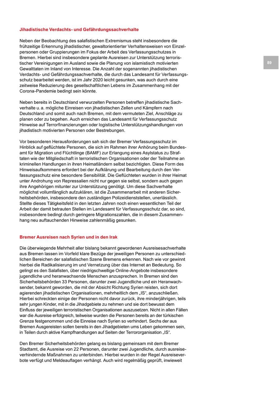 Seite 89 des Verfassungsschutzbericht 2020 Bremen
