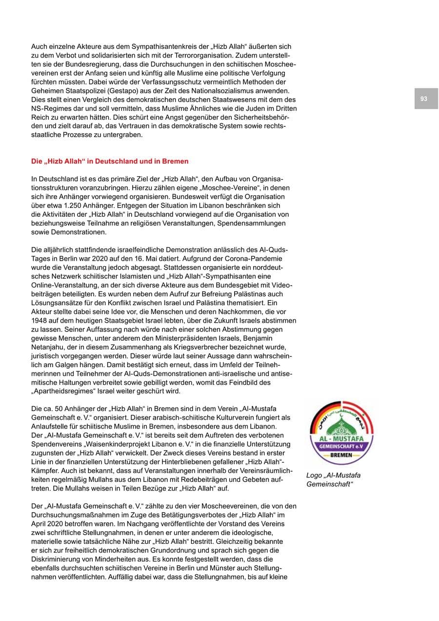 Seite 93 des Verfassungsschutzbericht 2020 Bremen