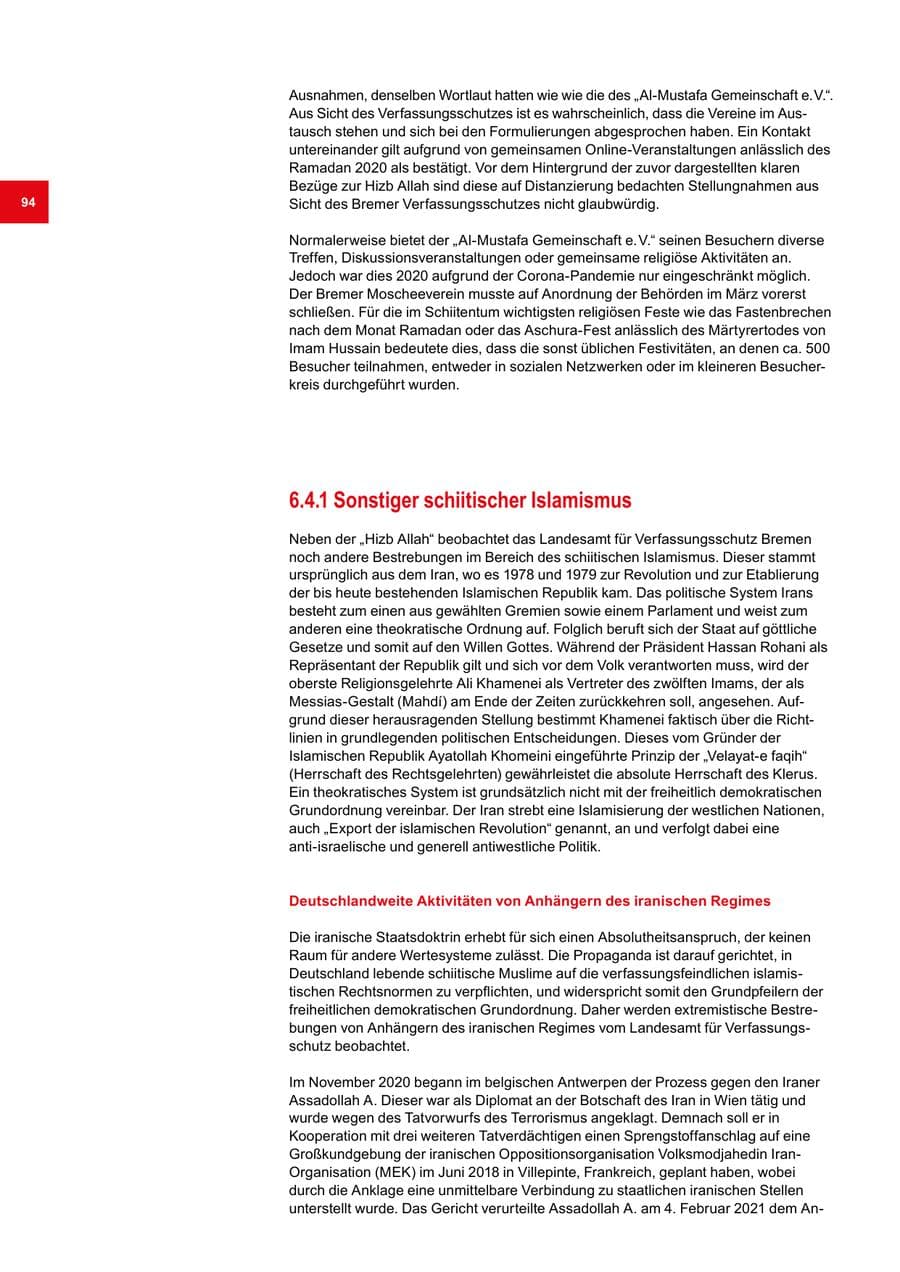 Seite 94 des Verfassungsschutzbericht 2020 Bremen