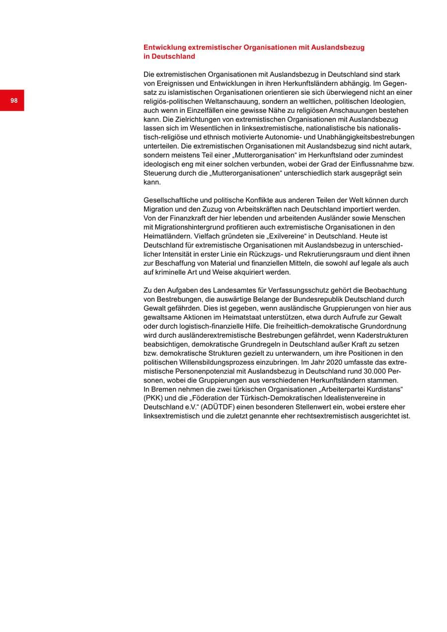 Seite 98 des Verfassungsschutzbericht 2020 Bremen