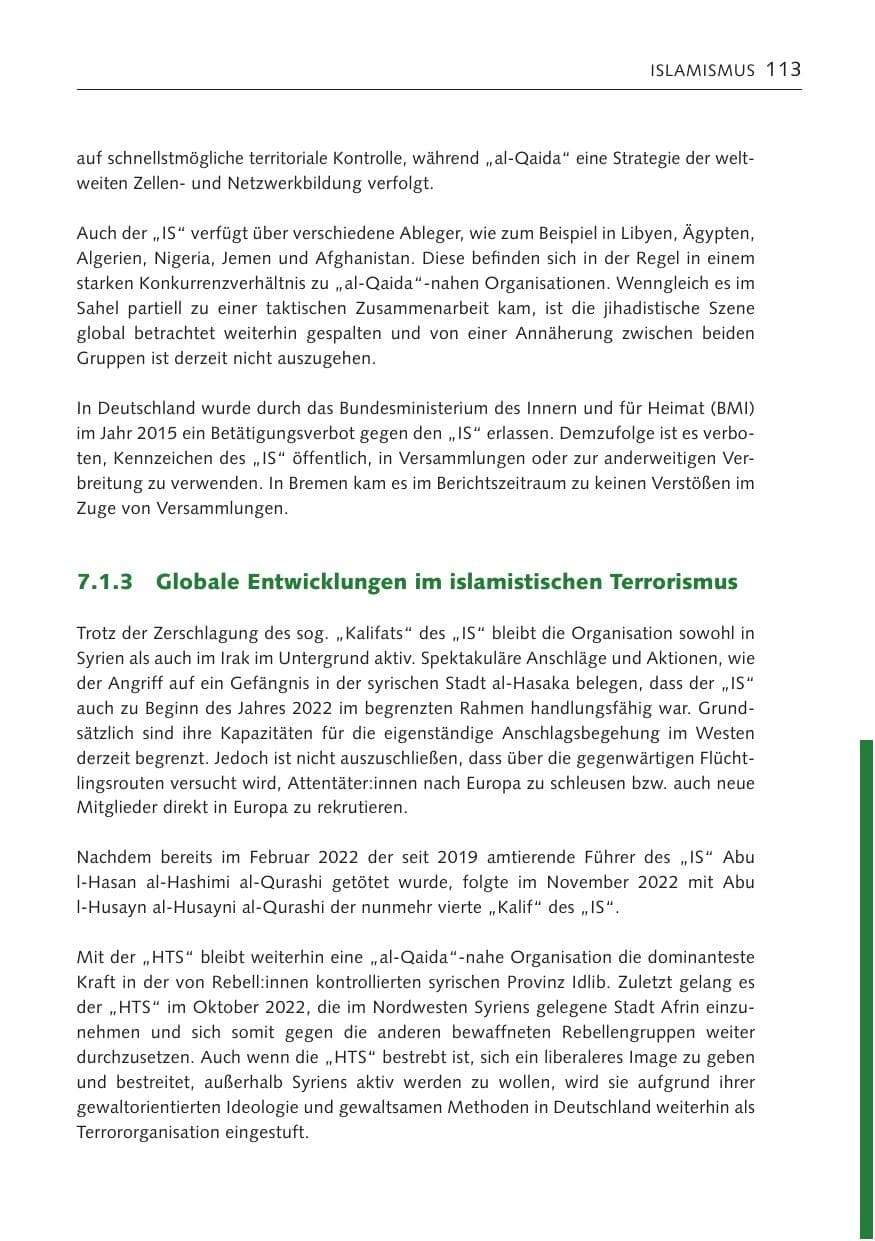 Seite 113 des Verfassungsschutzbericht 2022 Bremen