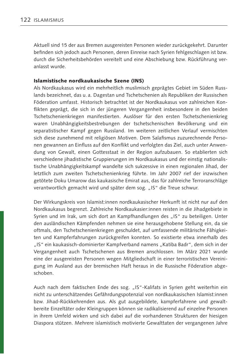 Seite 122 des Verfassungsschutzbericht 2022 Bremen