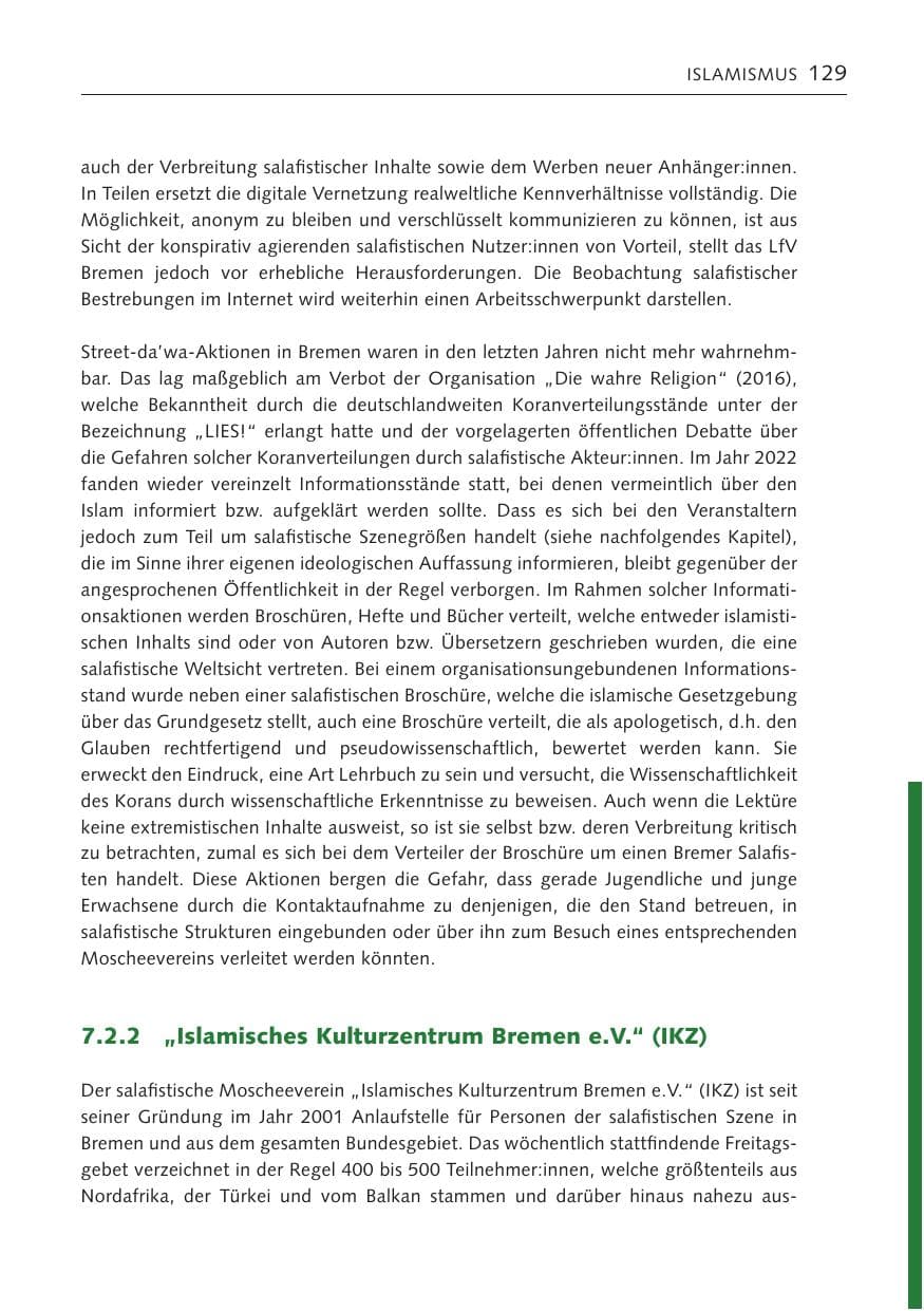 Seite 129 des Verfassungsschutzbericht 2022 Bremen