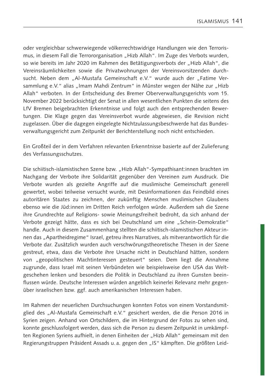 Seite 141 des Verfassungsschutzbericht 2022 Bremen