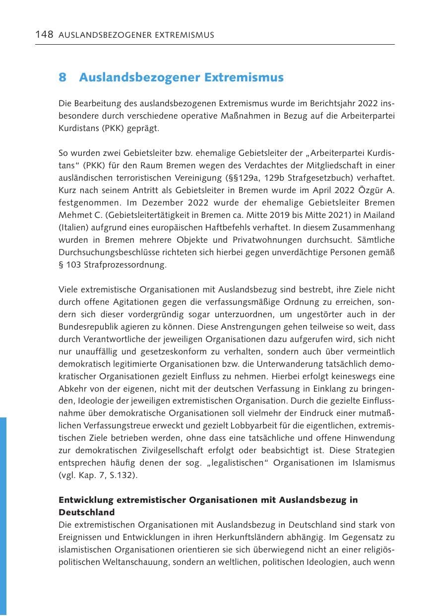 Seite 148 des Verfassungsschutzbericht 2022 Bremen