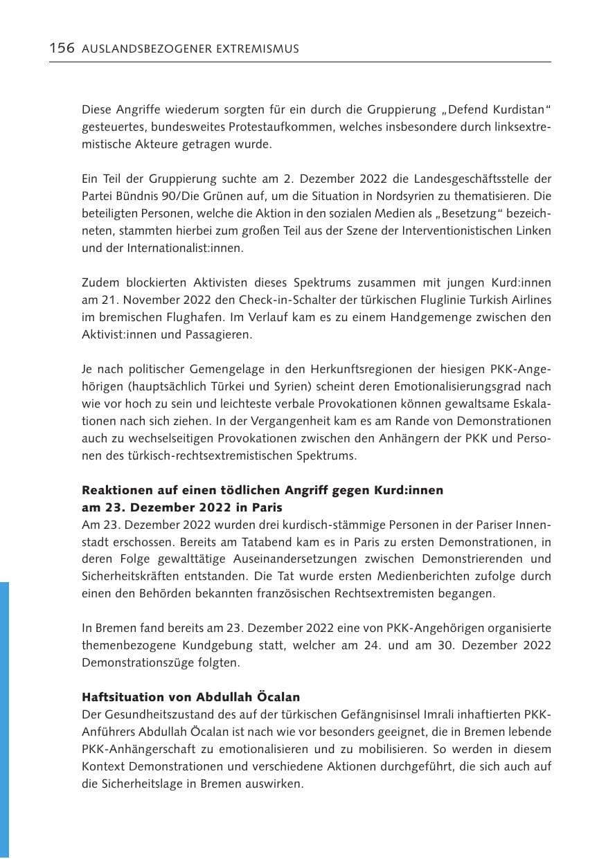 Seite 156 des Verfassungsschutzbericht 2022 Bremen
