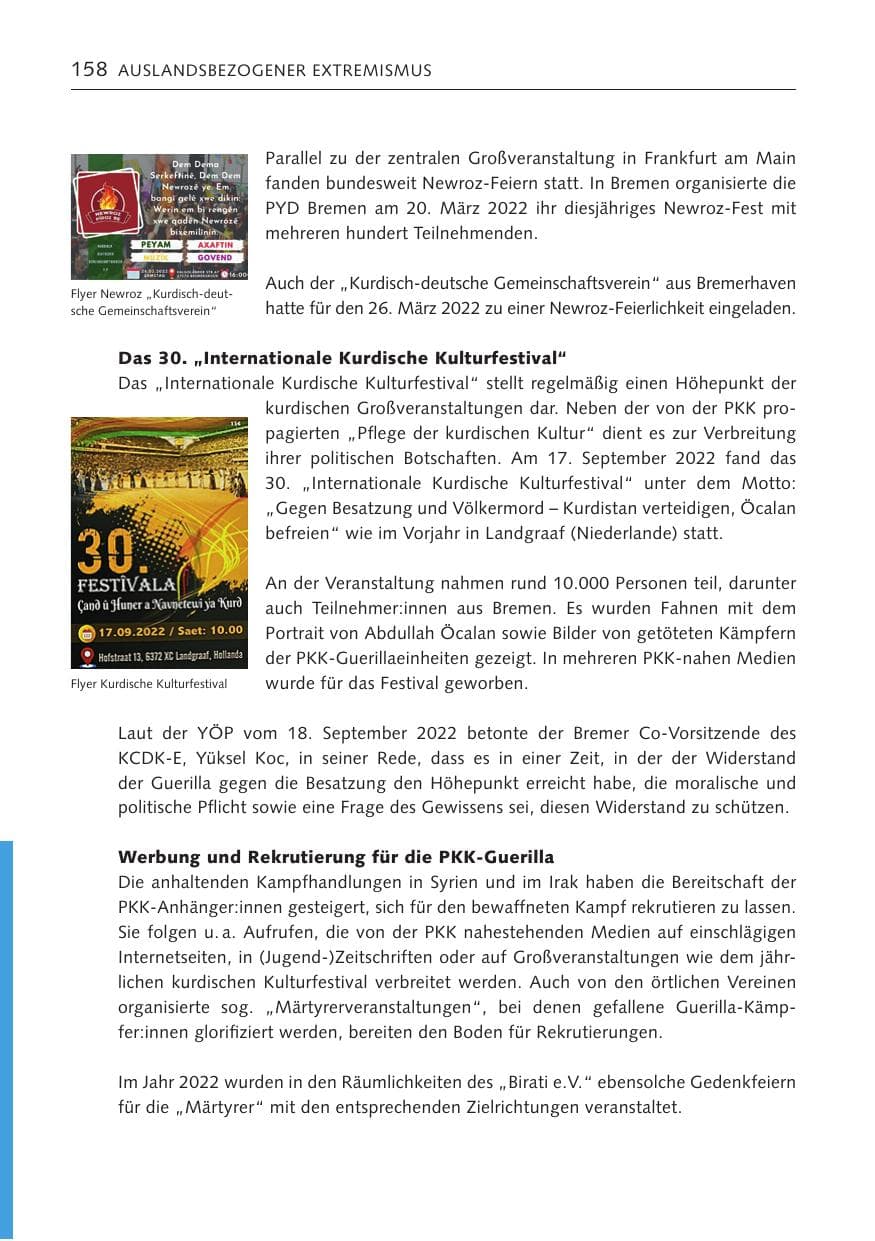 Seite 158 des Verfassungsschutzbericht 2022 Bremen