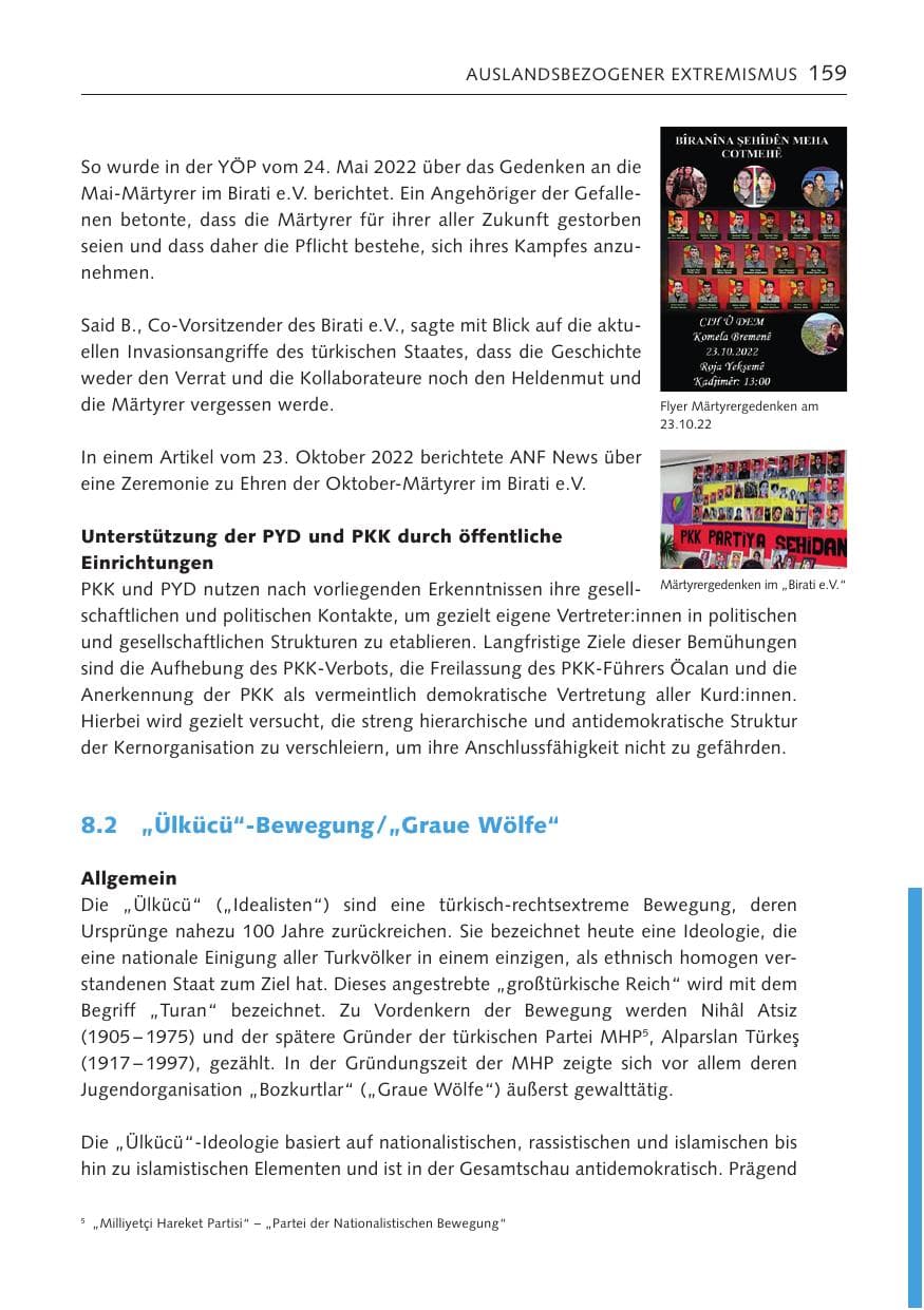 Seite 159 des Verfassungsschutzbericht 2022 Bremen