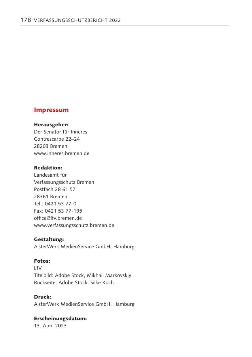 Seite 178 des Verfassungsschutzbericht 2022 Bremen