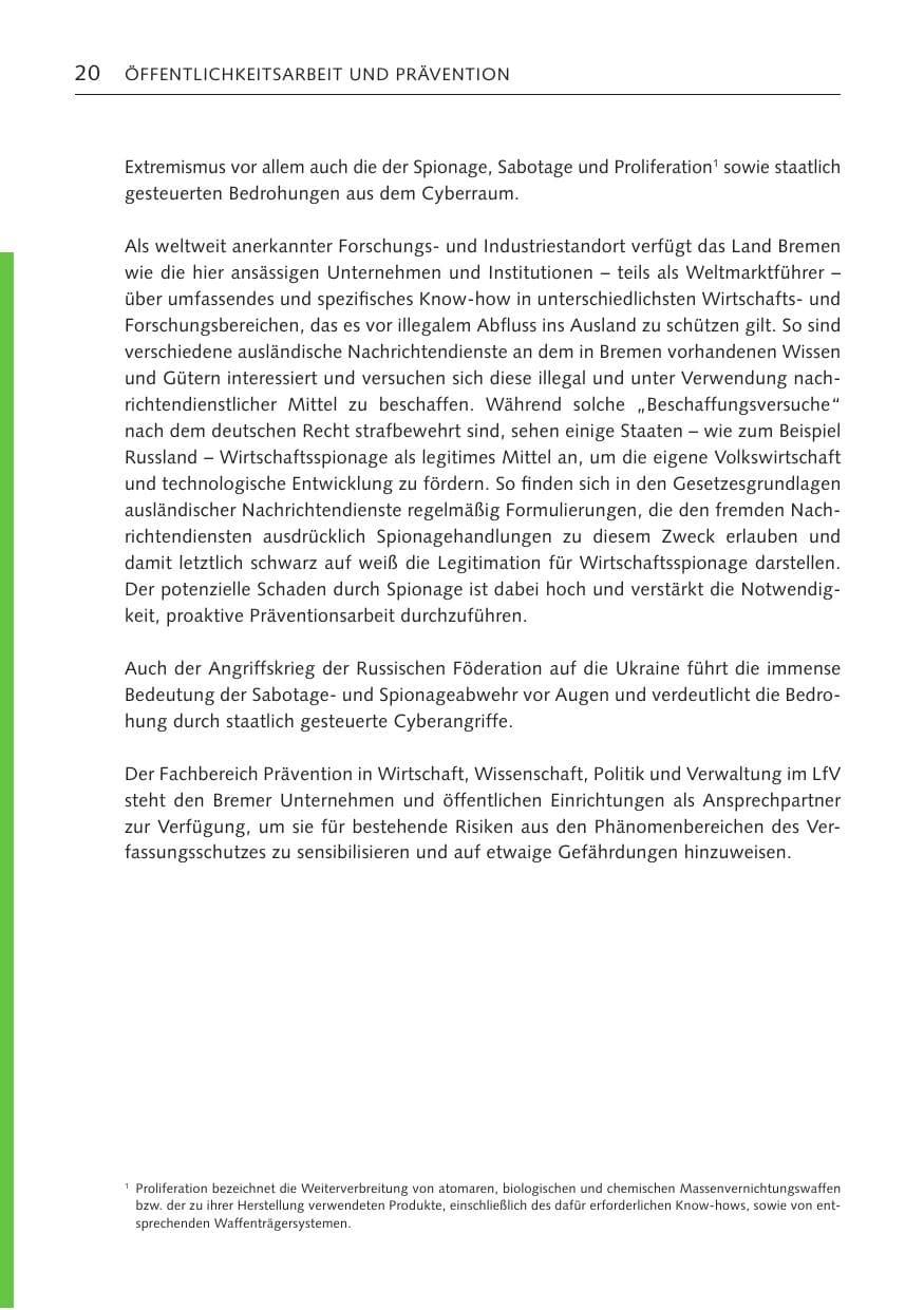 Seite 20 des Verfassungsschutzbericht 2022 Bremen