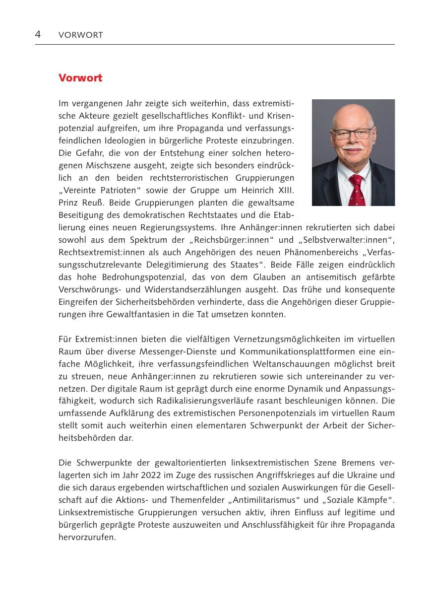 Seite 4 des Verfassungsschutzbericht 2022 Bremen