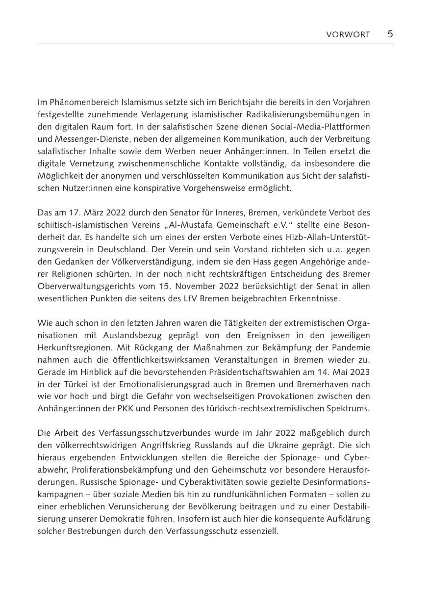 Seite 5 des Verfassungsschutzbericht 2022 Bremen
