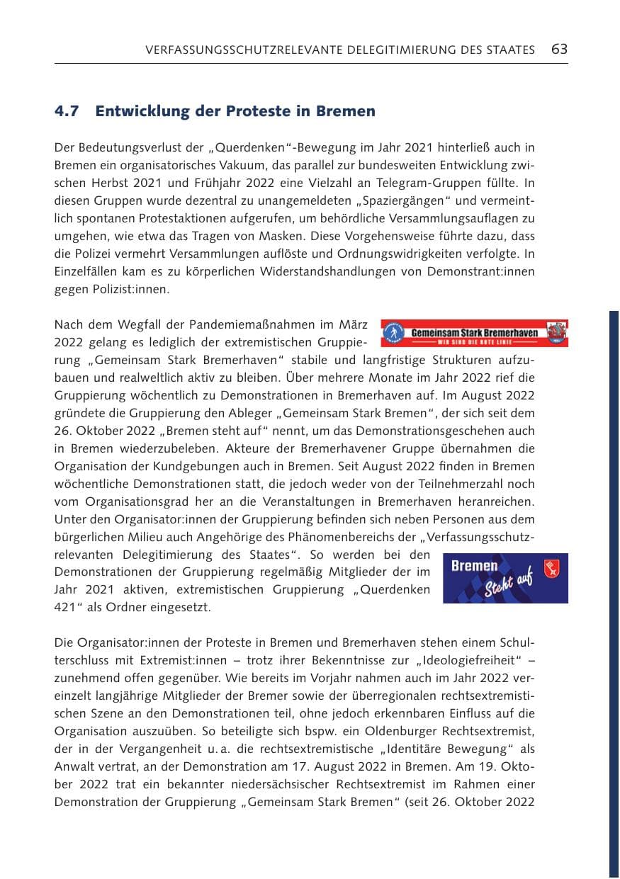 Seite 63 des Verfassungsschutzbericht 2022 Bremen