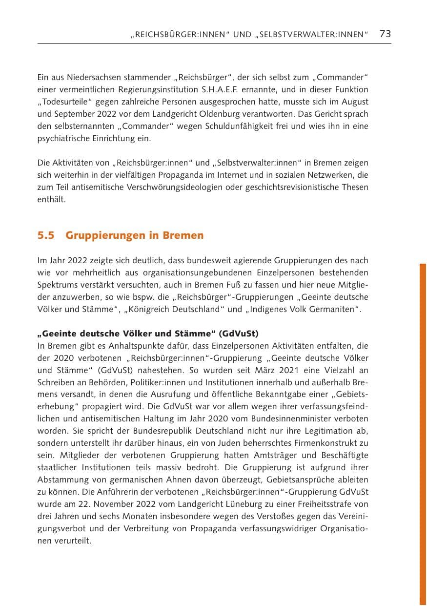 Seite 73 des Verfassungsschutzbericht 2022 Bremen