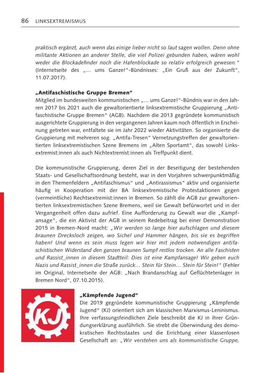 Seite 86 des Verfassungsschutzbericht 2022 Bremen