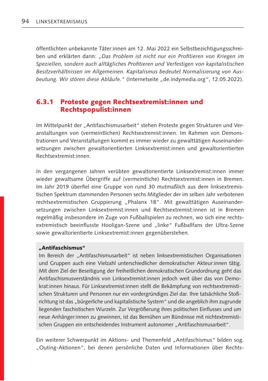 Seite 94 des Verfassungsschutzbericht 2022 Bremen