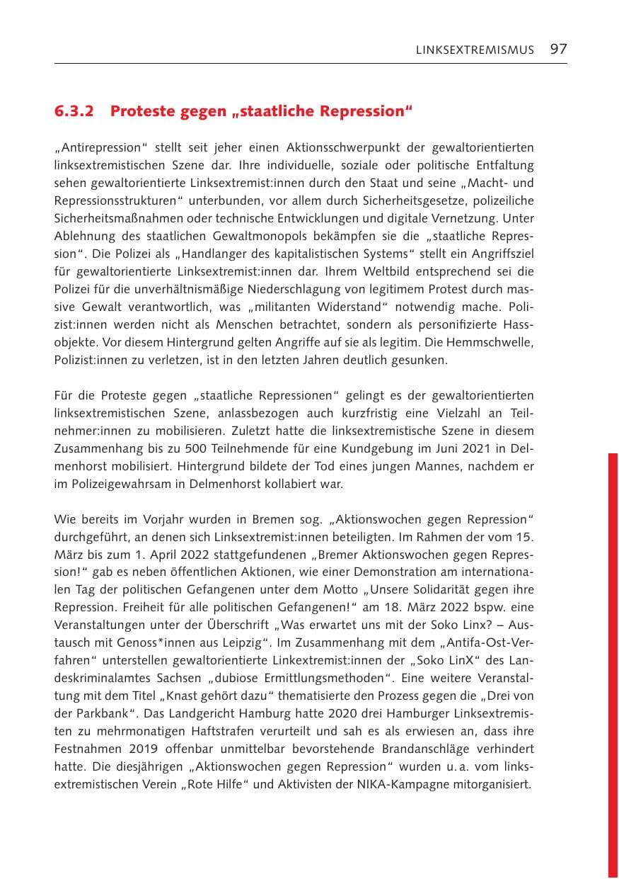 Seite 97 des Verfassungsschutzbericht 2022 Bremen