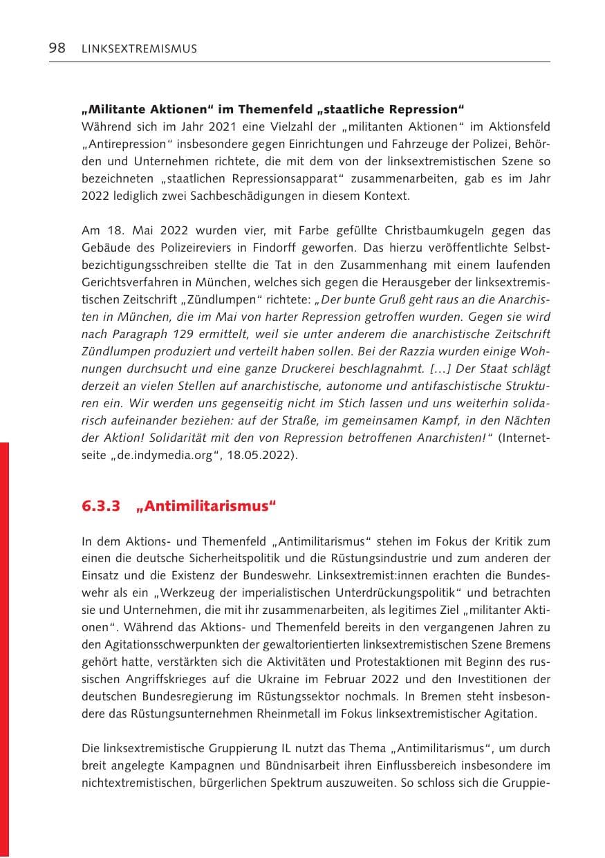 Seite 98 des Verfassungsschutzbericht 2022 Bremen