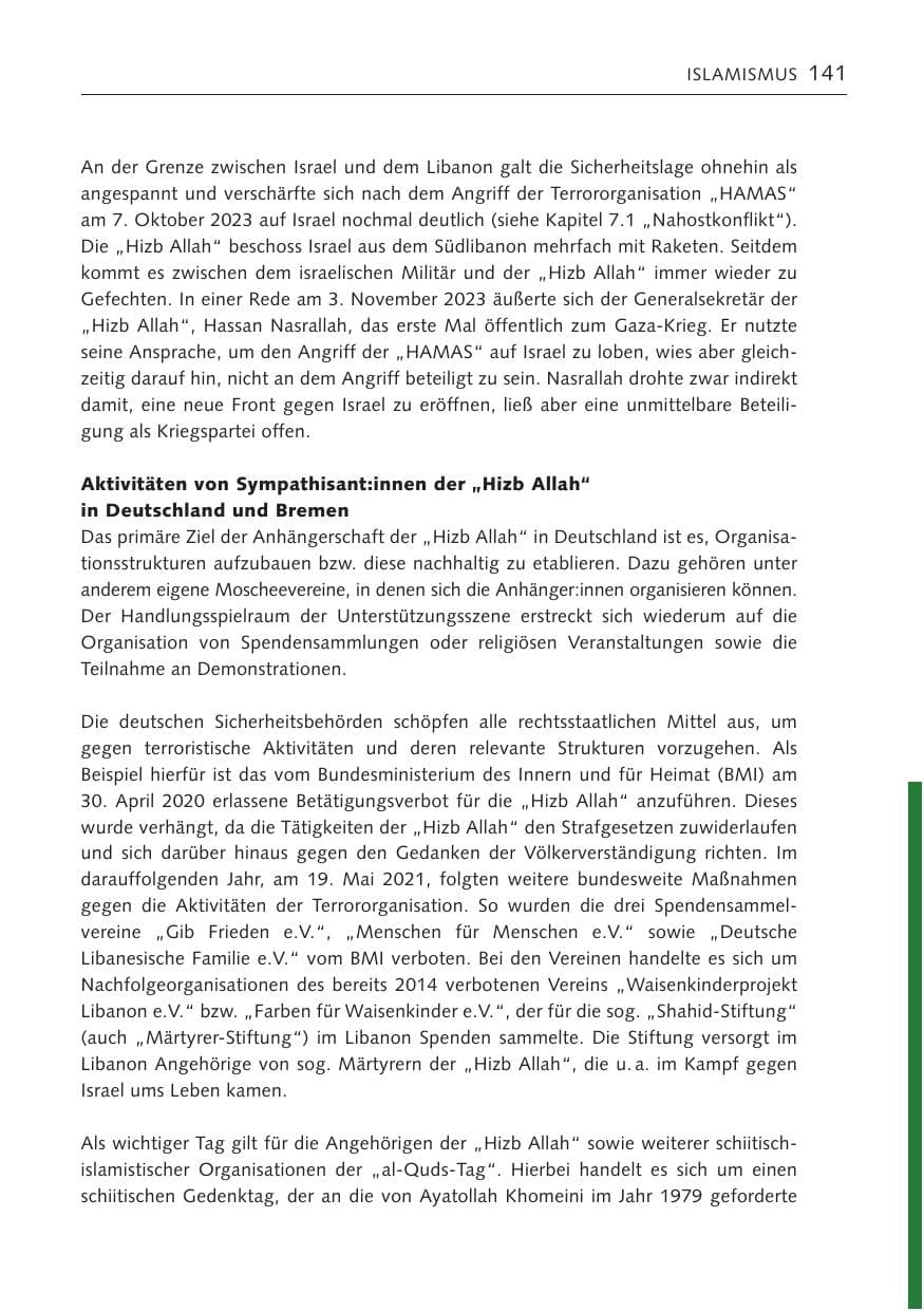 Seite 140 des Verfassungsschutzbericht 2023 Bremen