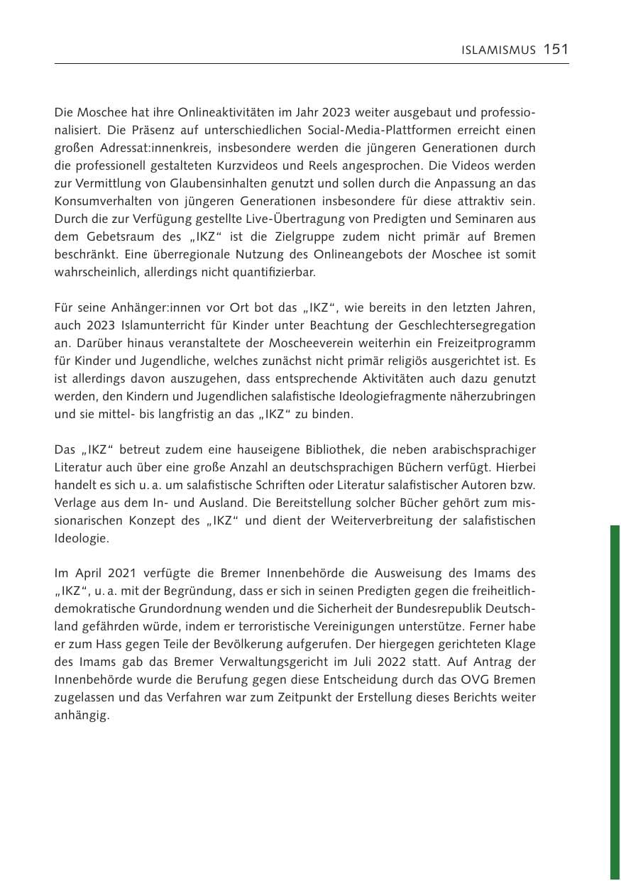Seite 150 des Verfassungsschutzbericht 2023 Bremen
