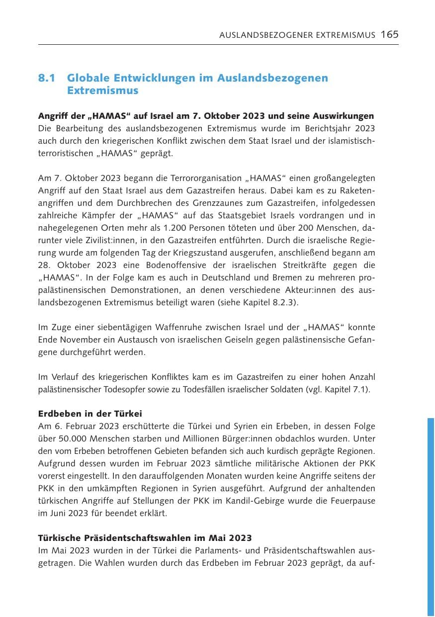 Seite 164 des Verfassungsschutzbericht 2023 Bremen