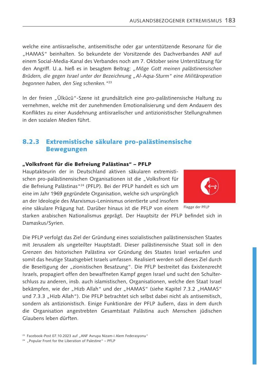 Seite 182 des Verfassungsschutzbericht 2023 Bremen
