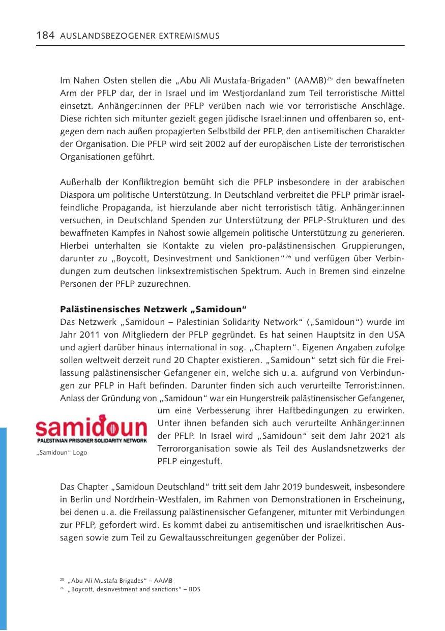 Seite 183 des Verfassungsschutzbericht 2023 Bremen