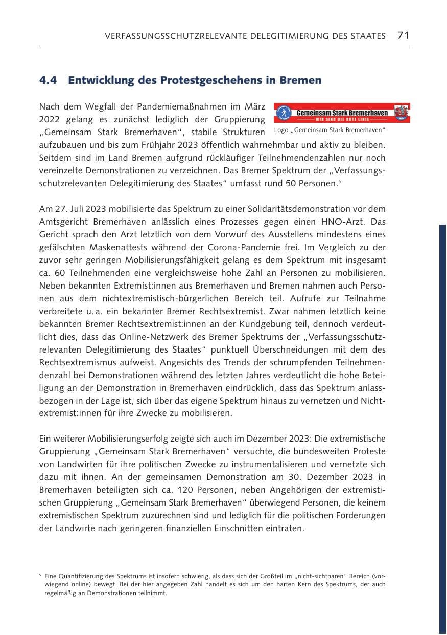 Seite 70 des Verfassungsschutzbericht 2023 Bremen