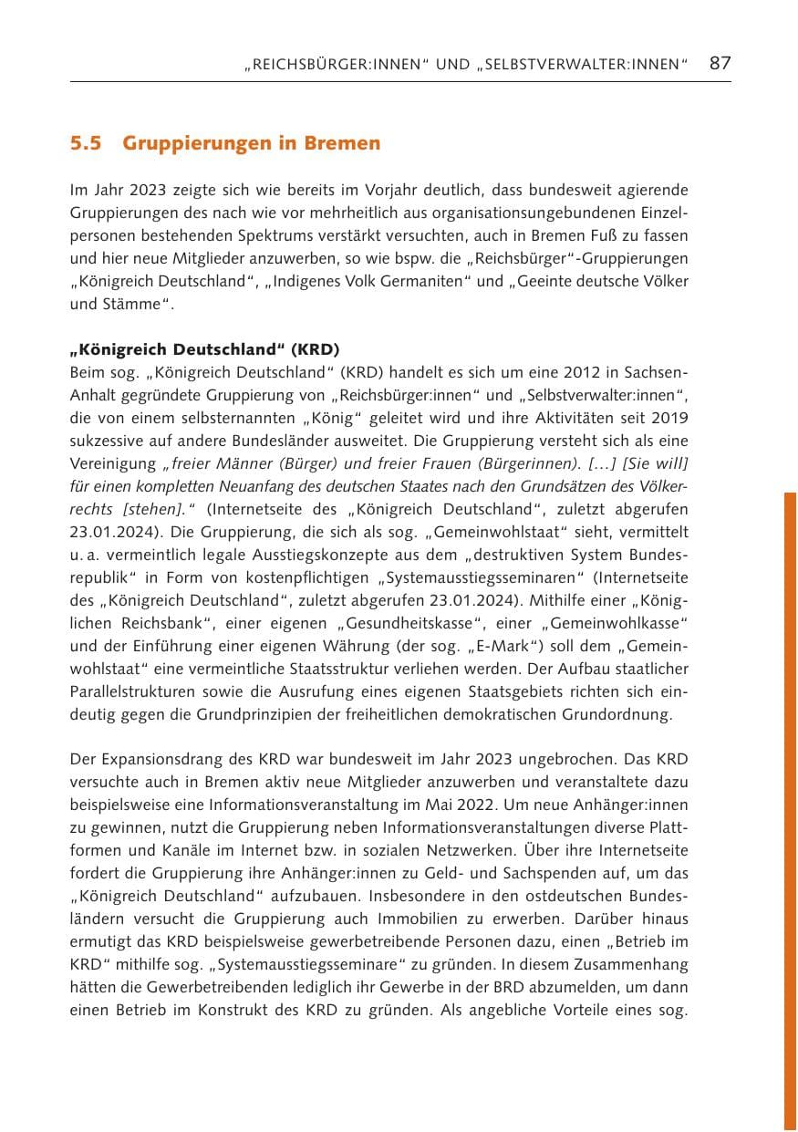 Seite 86 des Verfassungsschutzbericht 2023 Bremen