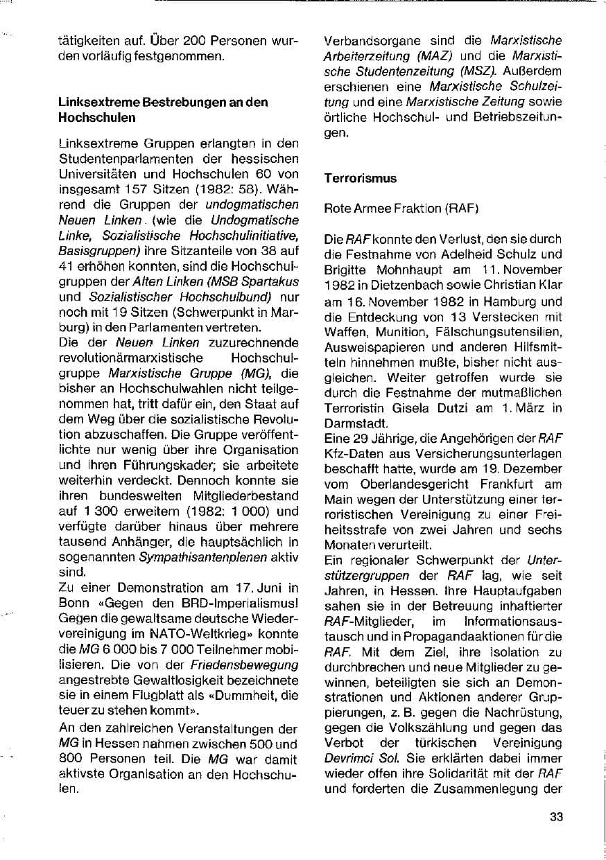 Seite 33 des Verfassungsschutzbericht 1983 Hessen