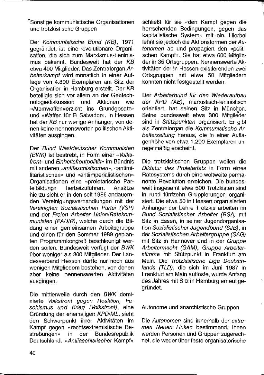 Seite 40 des Verfassungsschutzbericht 1988 Hessen
