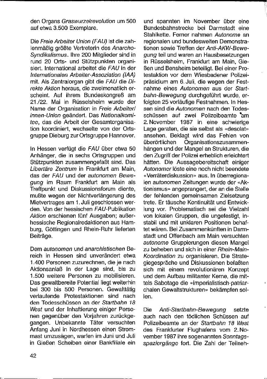 Seite 42 des Verfassungsschutzbericht 1988 Hessen