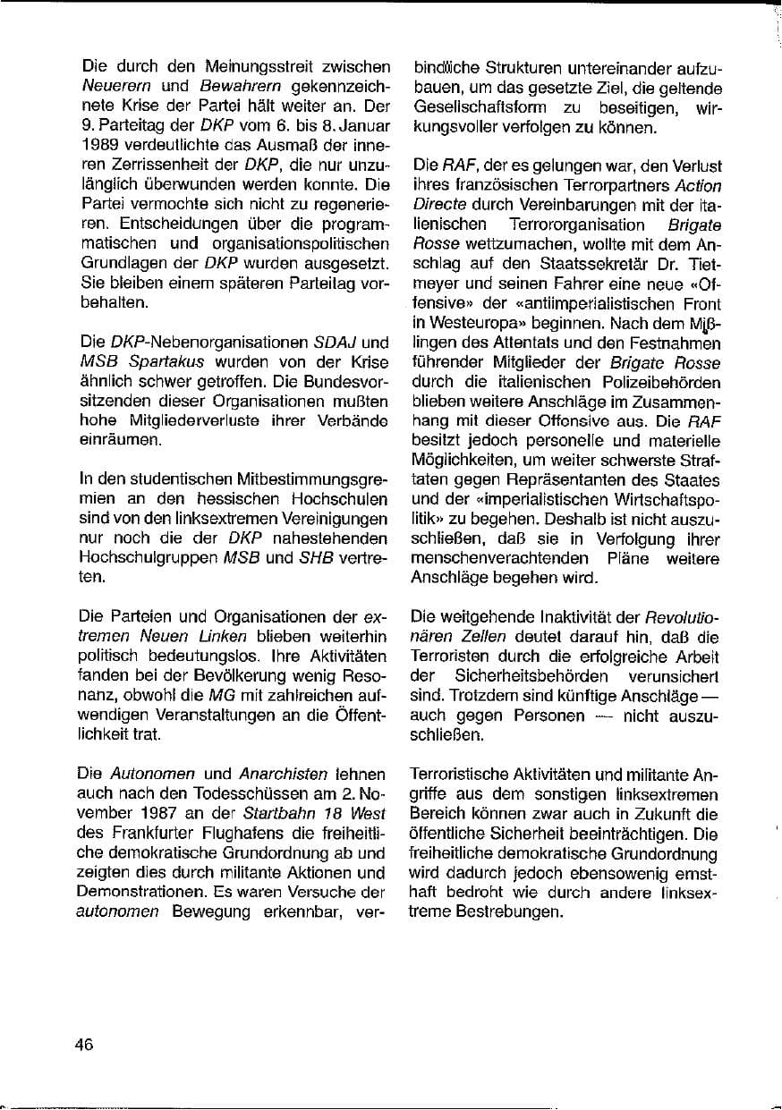 Seite 46 des Verfassungsschutzbericht 1988 Hessen