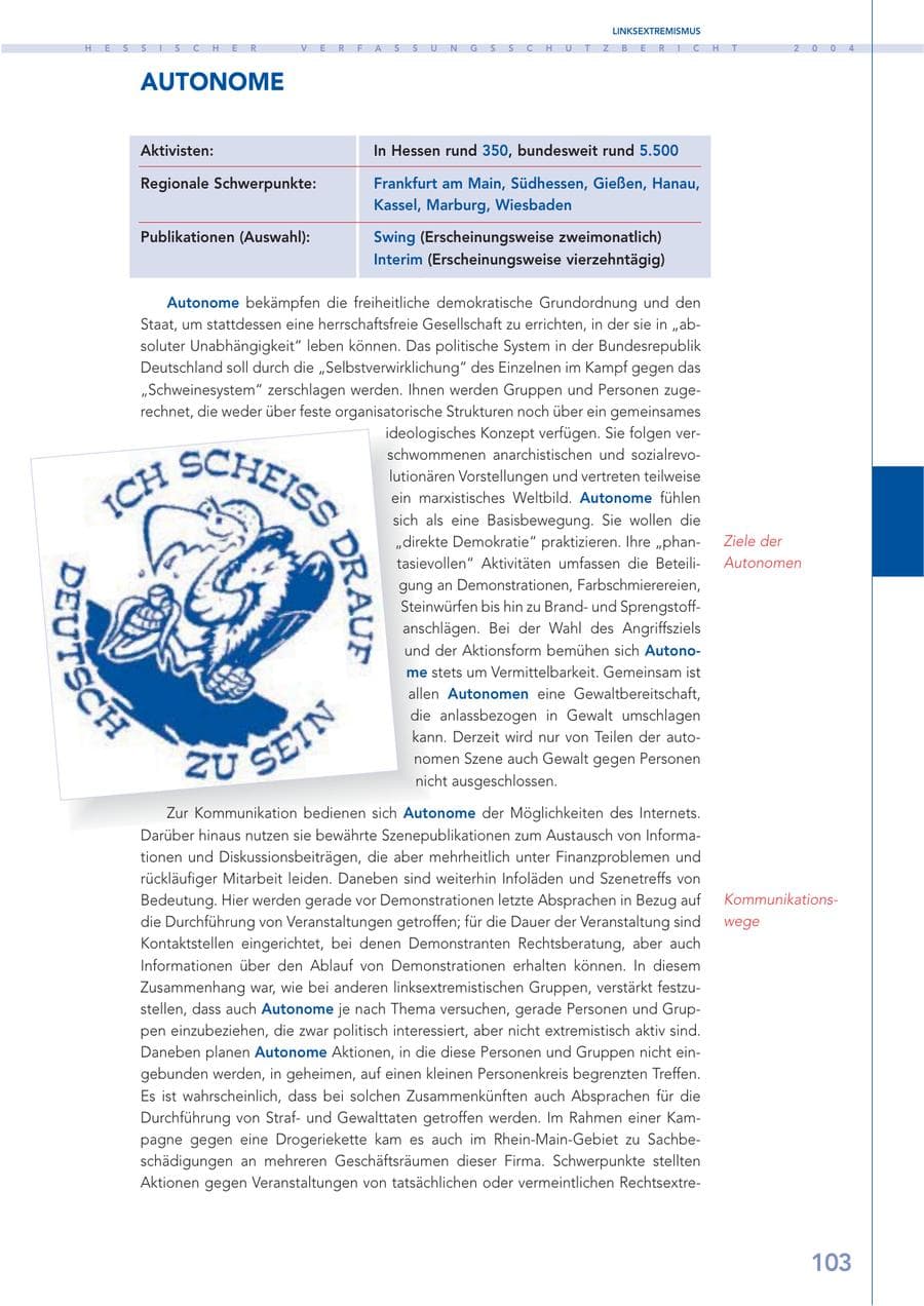 Seite 104 des Verfassungsschutzbericht 2004 Hessen