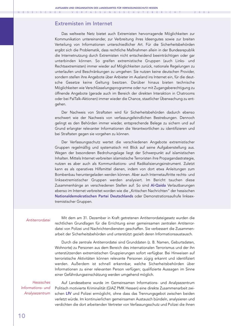 Seite 10 des Verfassungsschutzbericht 2006 Hessen