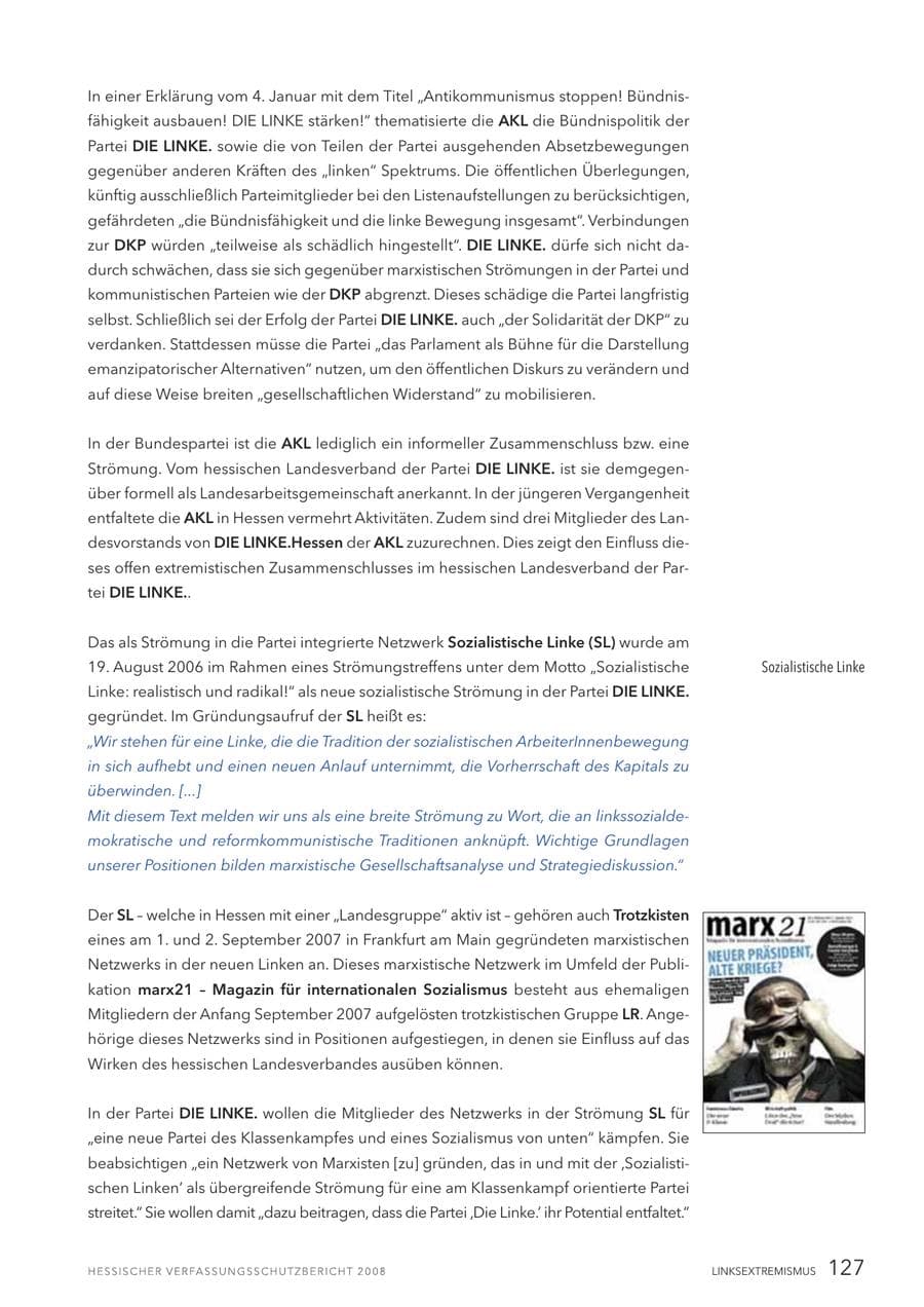 Seite 128 des Verfassungsschutzbericht 2008 Hessen
