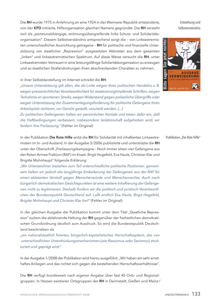Seite 134 des Verfassungsschutzbericht 2008 Hessen