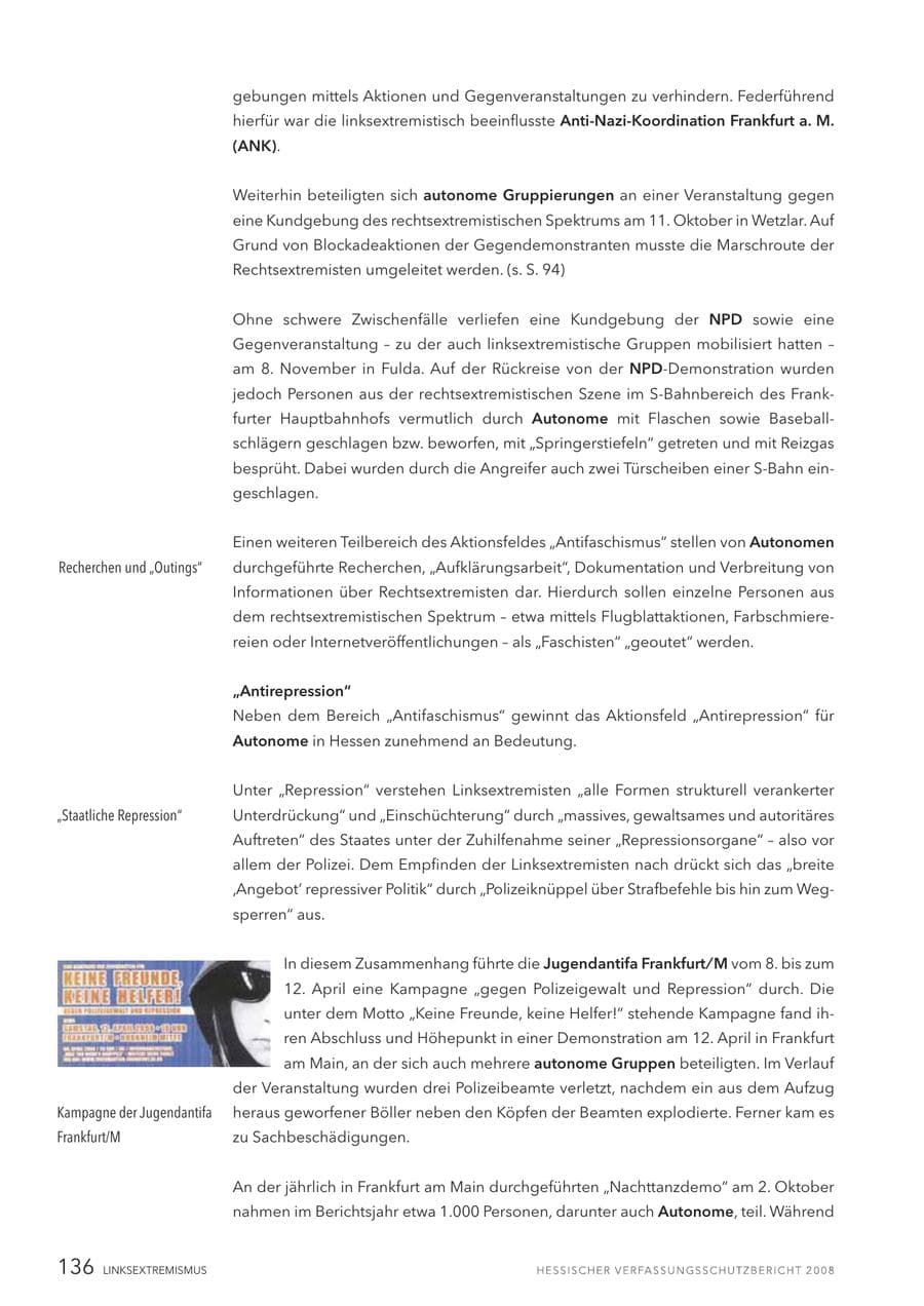 Seite 137 des Verfassungsschutzbericht 2008 Hessen