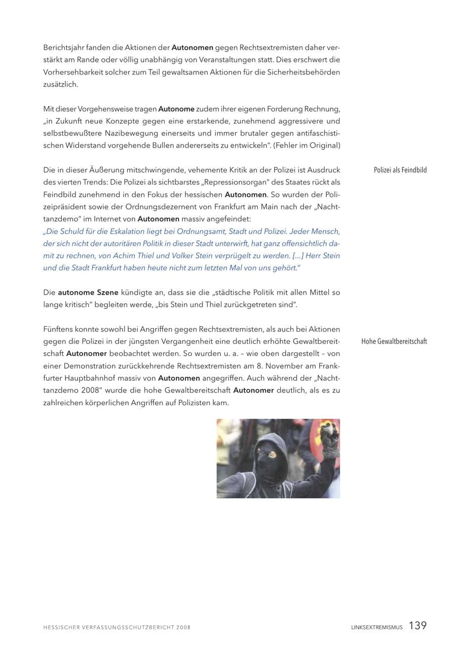 Seite 140 des Verfassungsschutzbericht 2008 Hessen