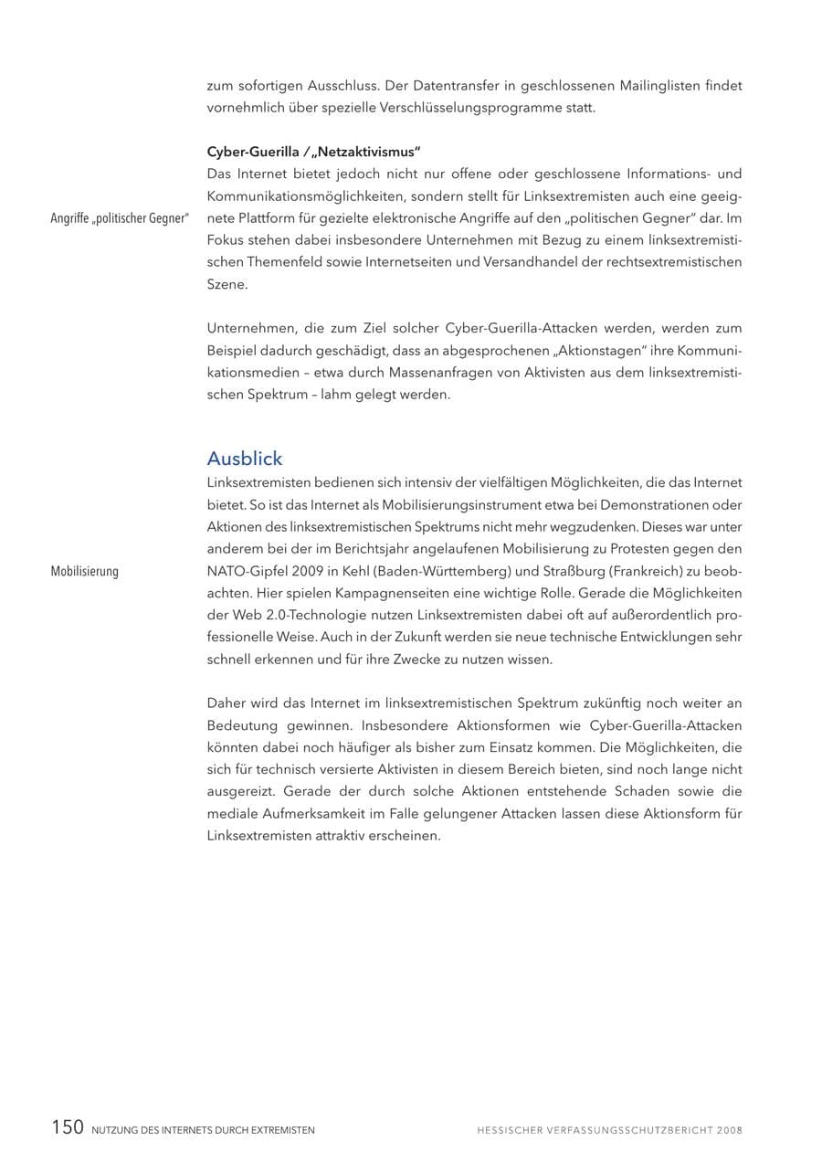Seite 151 des Verfassungsschutzbericht 2008 Hessen