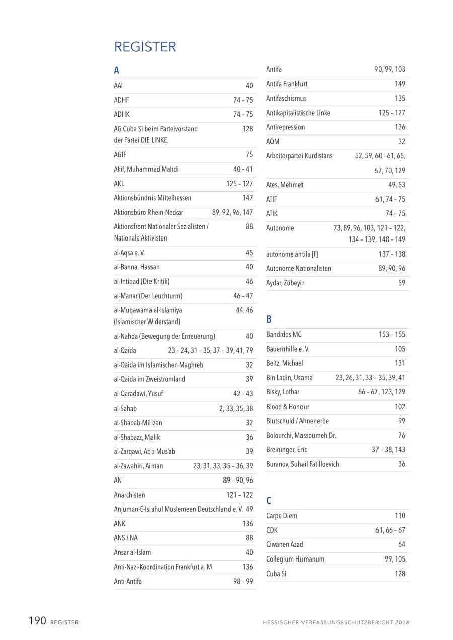 Seite 191 des Verfassungsschutzbericht 2008 Hessen