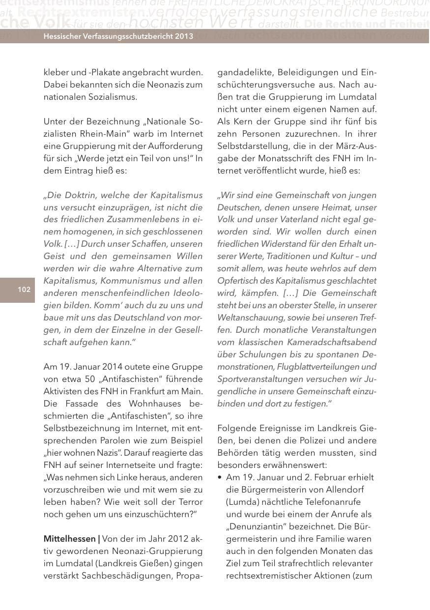 Seite 102 des Verfassungsschutzbericht 2013 Hessen