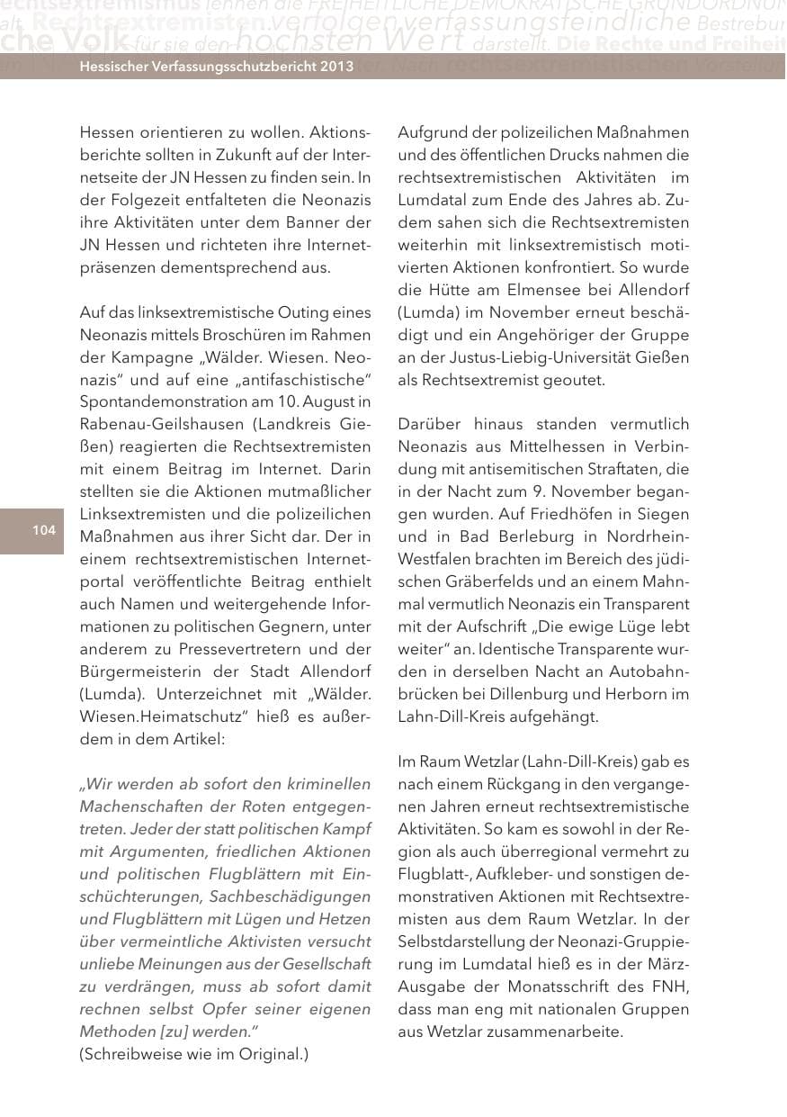 Seite 104 des Verfassungsschutzbericht 2013 Hessen