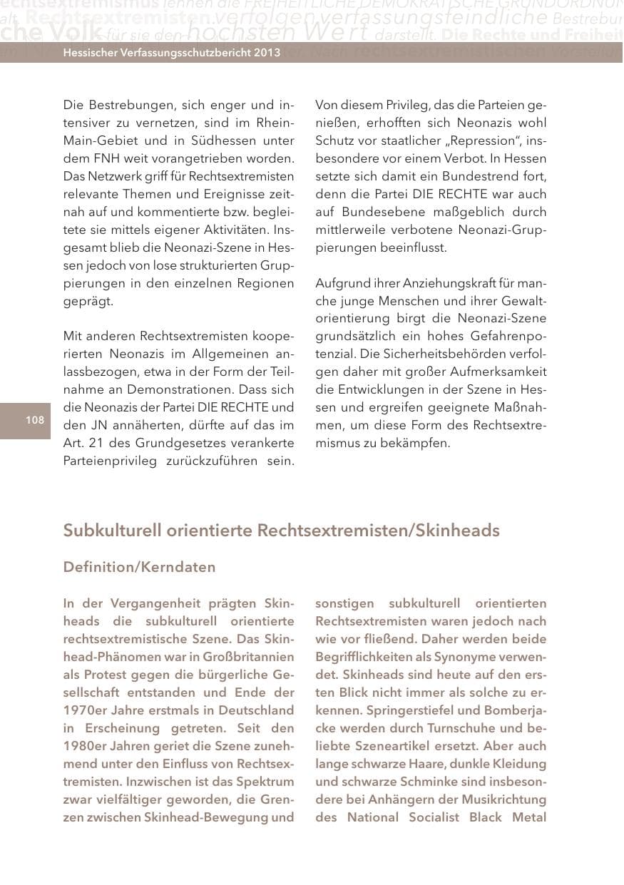 Seite 108 des Verfassungsschutzbericht 2013 Hessen