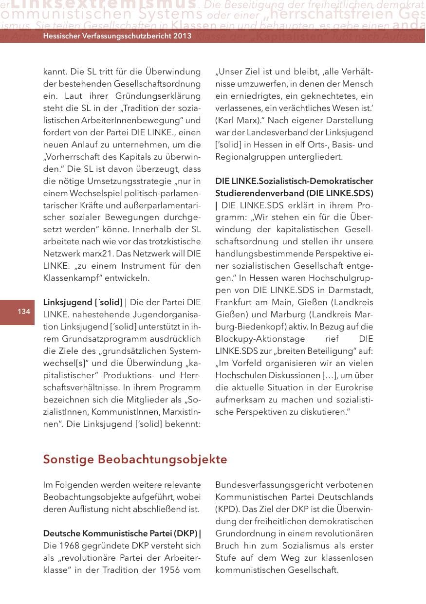 Seite 134 des Verfassungsschutzbericht 2013 Hessen