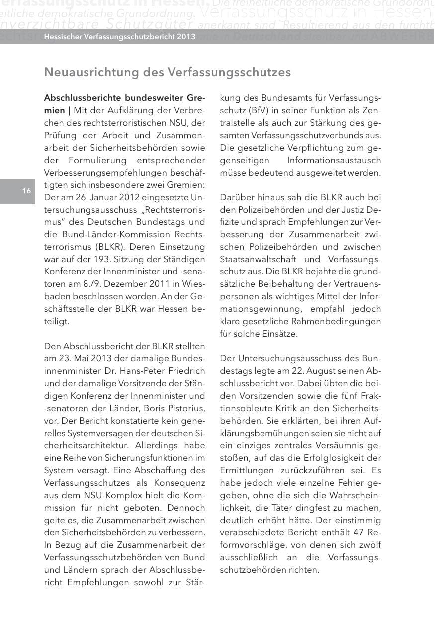 Seite 16 des Verfassungsschutzbericht 2013 Hessen