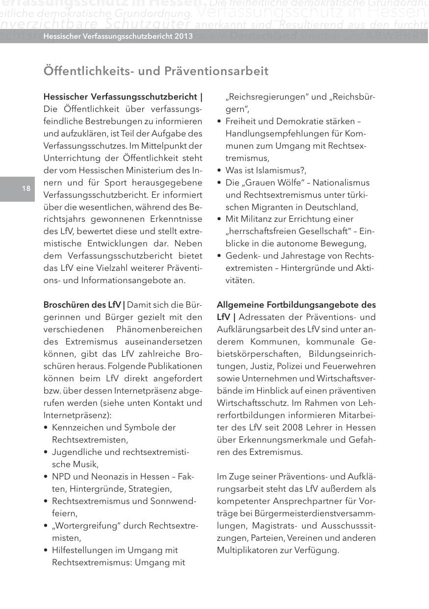 Seite 18 des Verfassungsschutzbericht 2013 Hessen