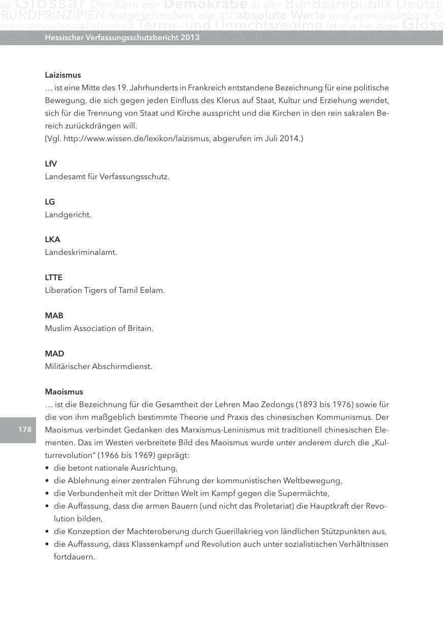 Seite 178 des Verfassungsschutzbericht 2013 Hessen