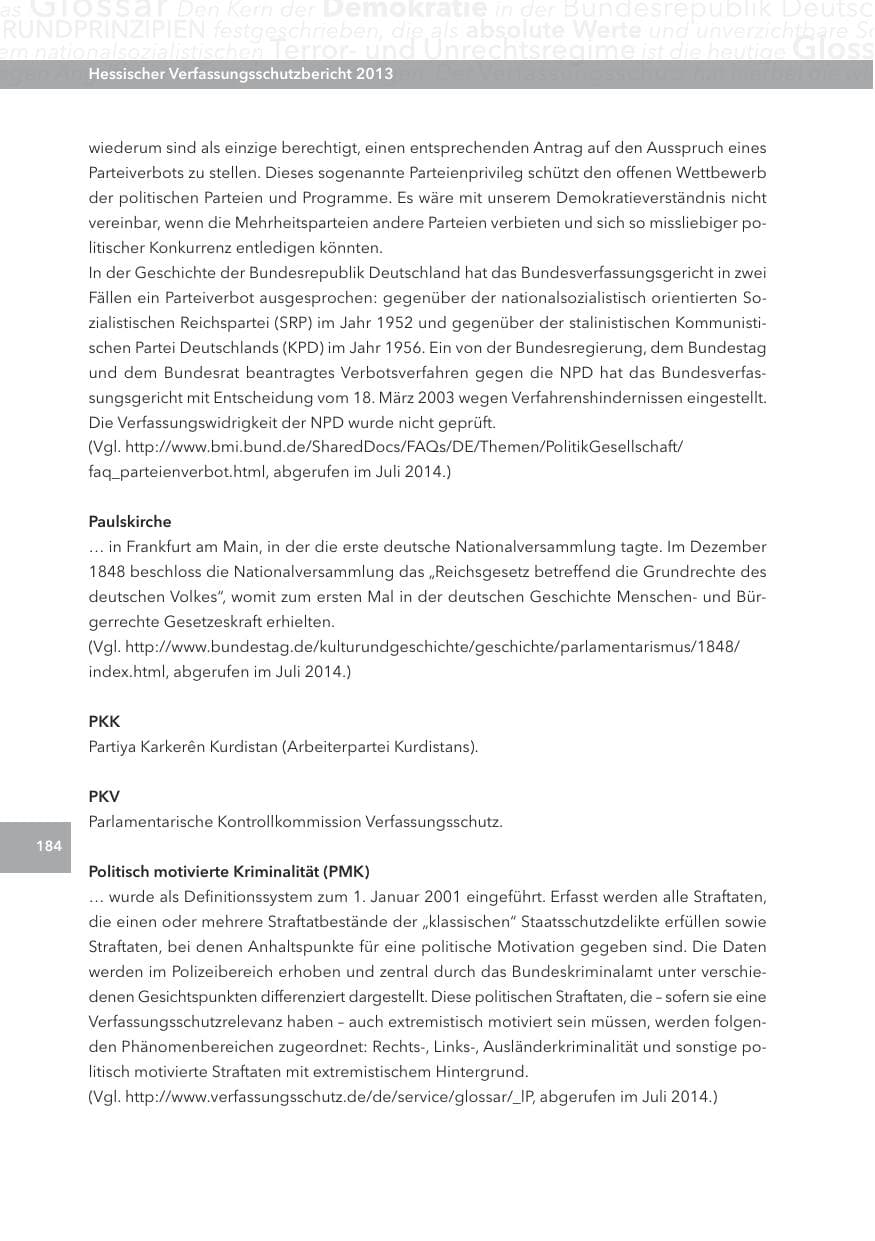 Seite 184 des Verfassungsschutzbericht 2013 Hessen