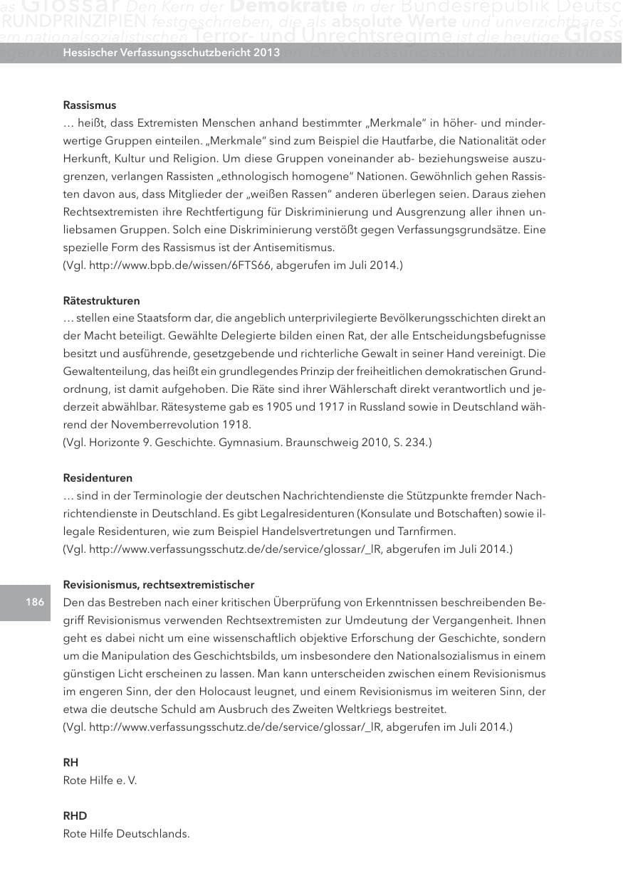 Seite 186 des Verfassungsschutzbericht 2013 Hessen